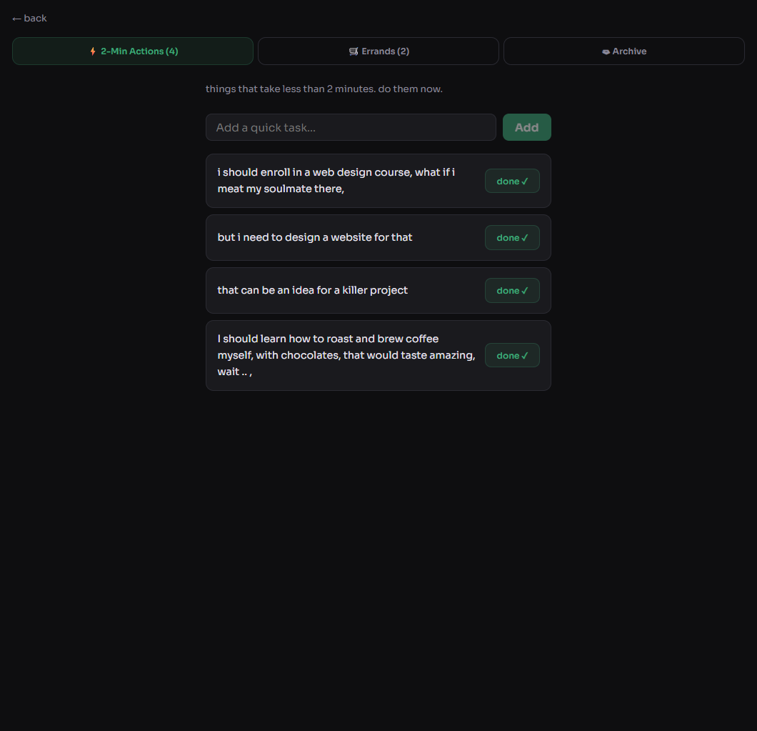 Two-Minute Actions screen in Zalfol